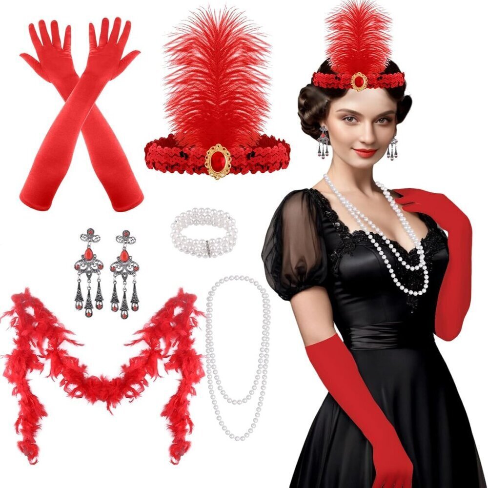 1920s Flapper Accessories Set Vintage Headband Gloves Pearl Necklace